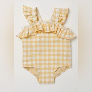 NWOT H&M Yellow Gingham Ruffle One Piece Swimsuit Frills Baby Girl Sz 12-18 M